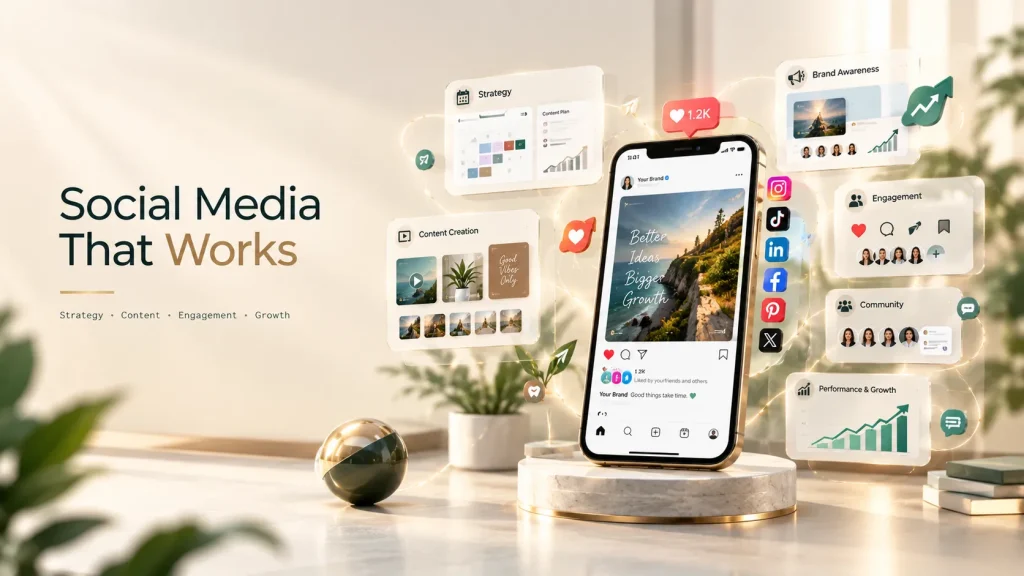 “Premium digital marketing visual showing a smartphone surrounded by social media, content creation, strategy, brand awareness, engagement, community, and growth analytics elements